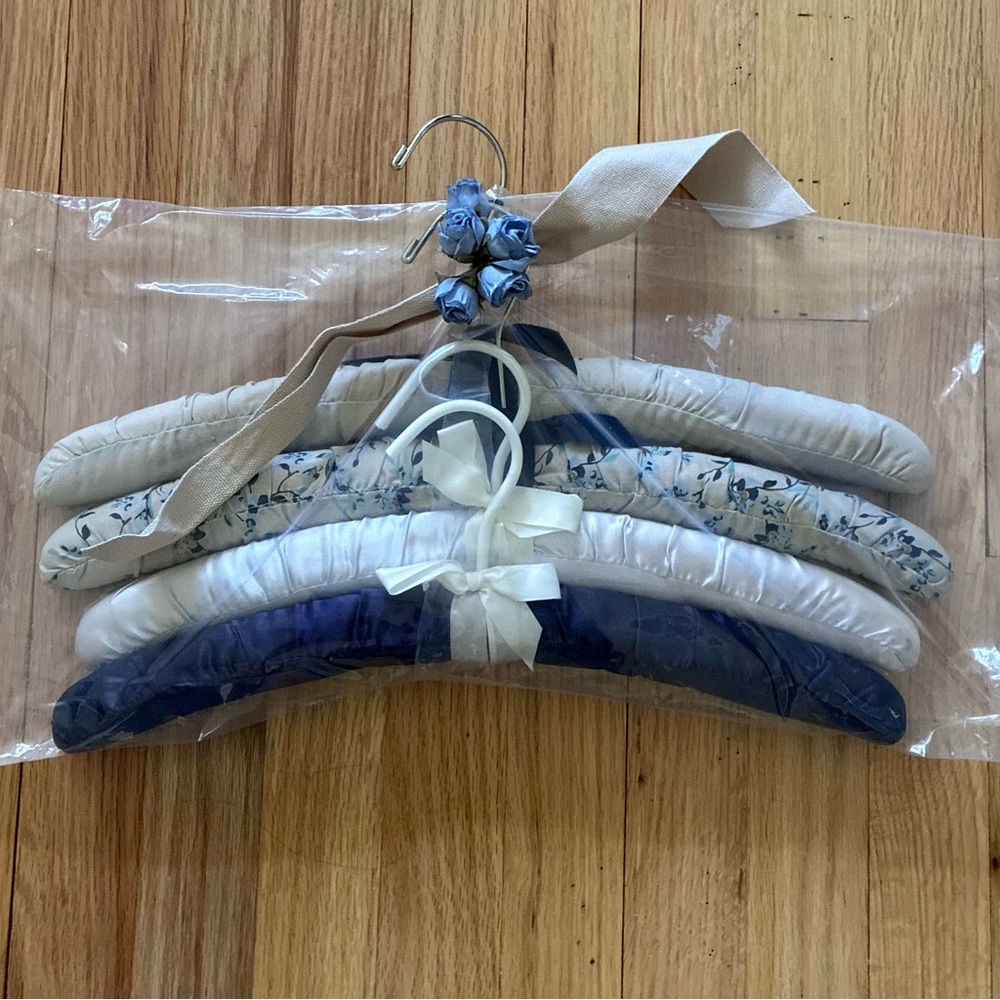 NIP Satin and Cotton Padded Hangers, Package of 4 in Blue and Natural.